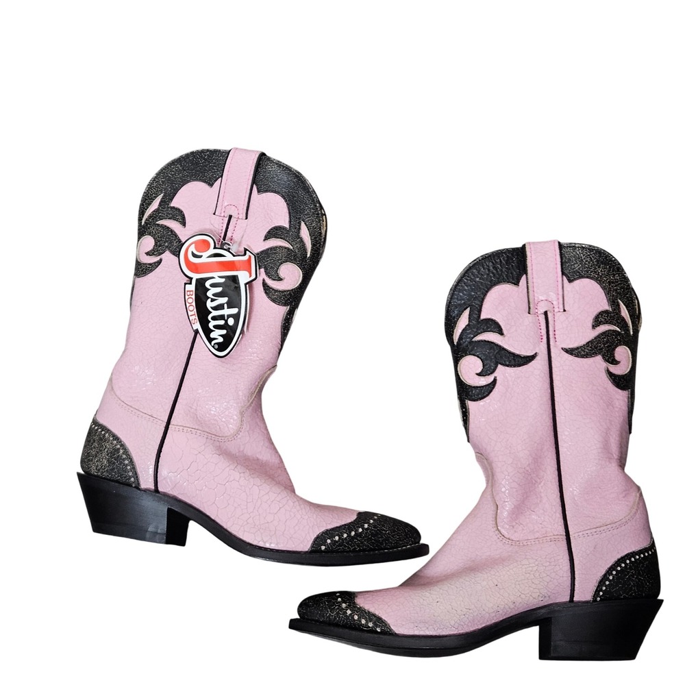 Justin Womens Pink Black Leather Western Cowboy Boots USA Made Size 7.5 B NEW - Picture 2 of 11